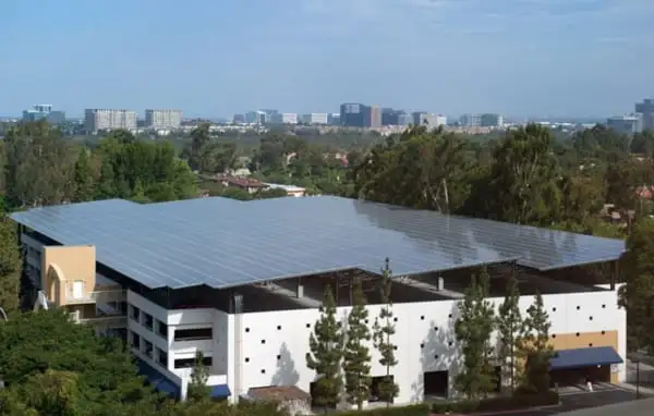 Solar panels cover the roof of UCI's Student Center Parking Structure.